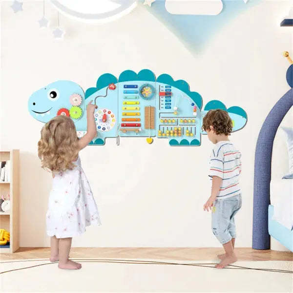 11-in-1 Dinosaur Activity Wall Busy Board Panels-- Wooden Sensory Toy-Blue