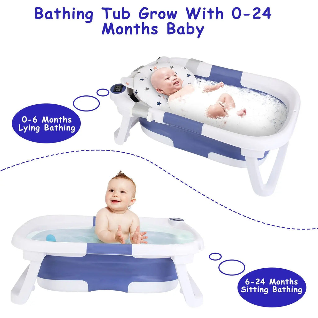 1Pc Baby Bath Tub With Thermometer Collapsible Travel Friendly 0 To 24Months Baby Bathtub With Drain Hole For Newborn Infant Toddler Odorless Toxic Free Foldable Bathtub