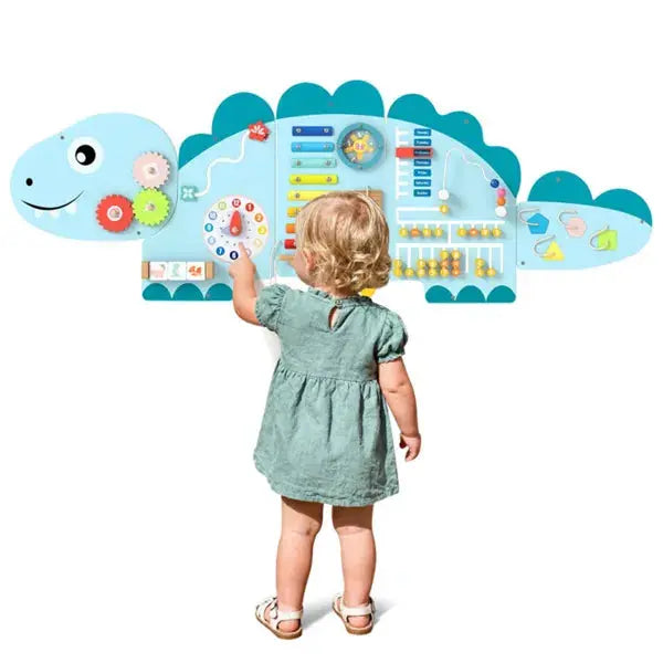 11-in-1 Dinosaur Activity Wall Busy Board Panels-- Wooden Sensory Toy-Blue