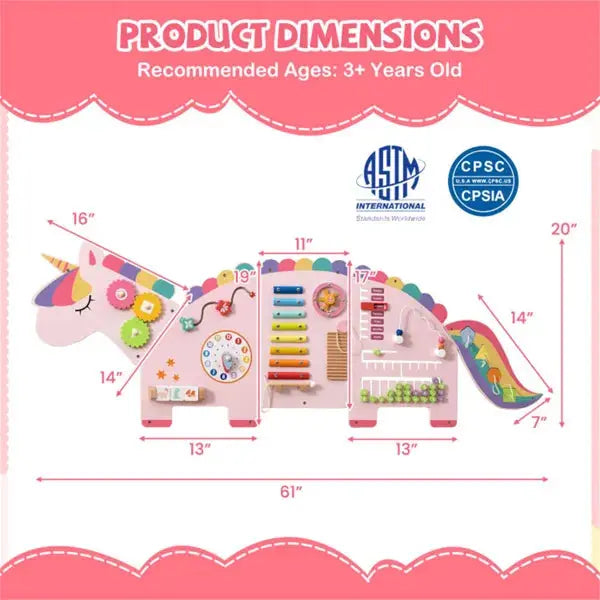 11-in-1 Dinosaur Activity Wall Busy Board Panels-- Wooden Sensory Toy-Pink