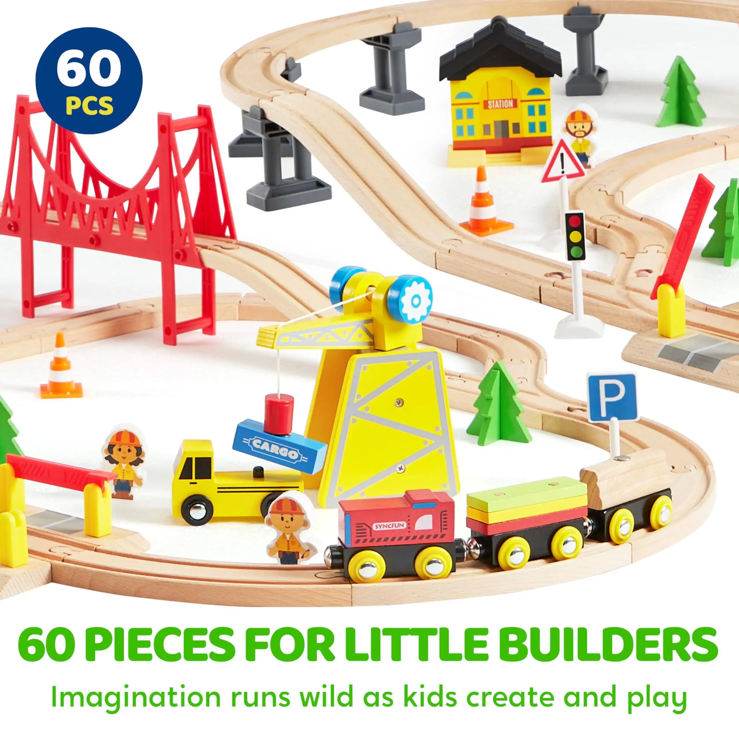 60 Pcs Kids Train Toys Wooden Tracks & 6 Magnetic Trains Expandable Train Set for Toddlers Birthday Christmas Gifts