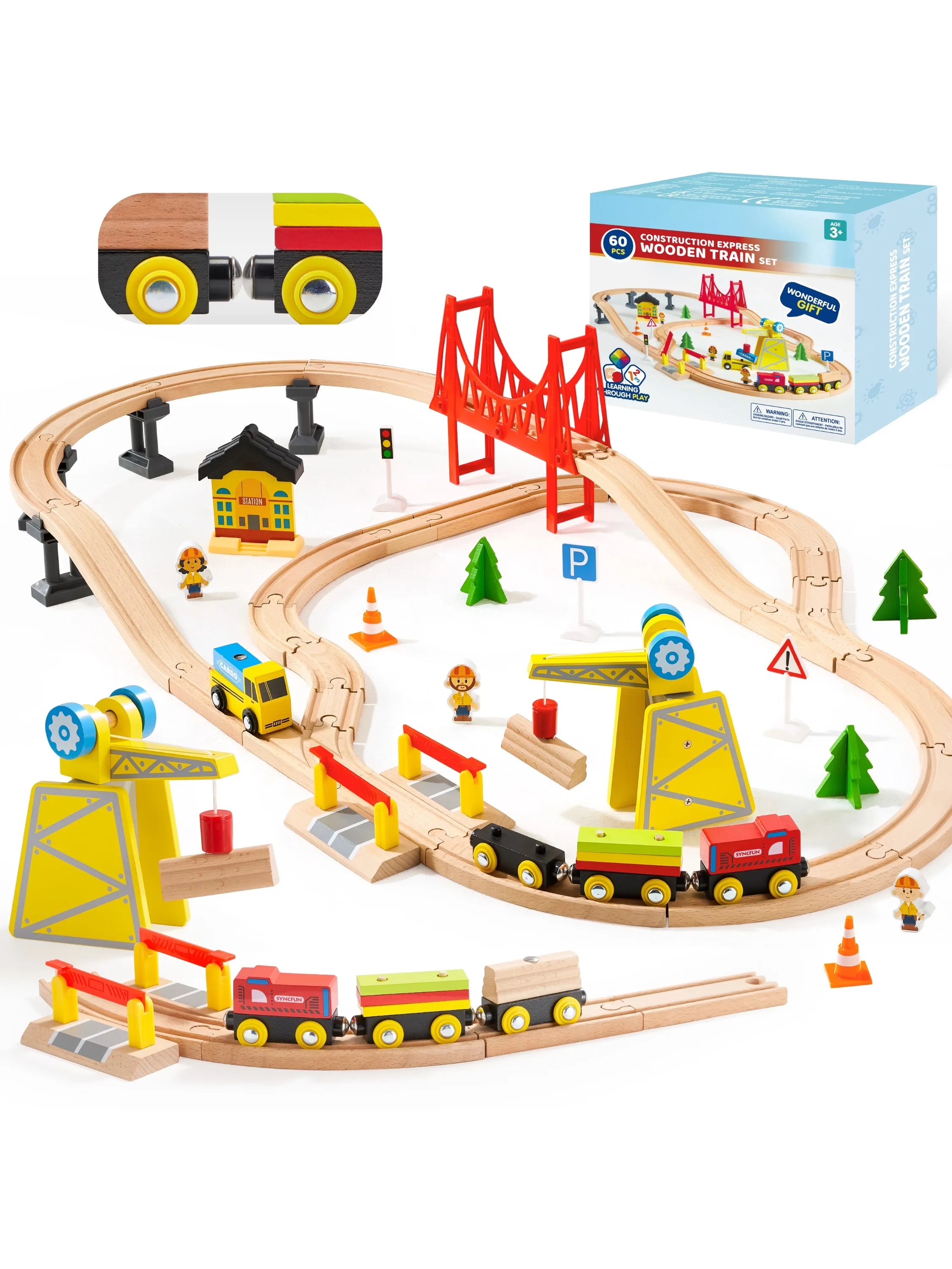 60 Pcs Kids Train Toys Wooden Tracks & 6 Magnetic Trains Expandable Train Set for Toddlers Birthday Christmas Gifts