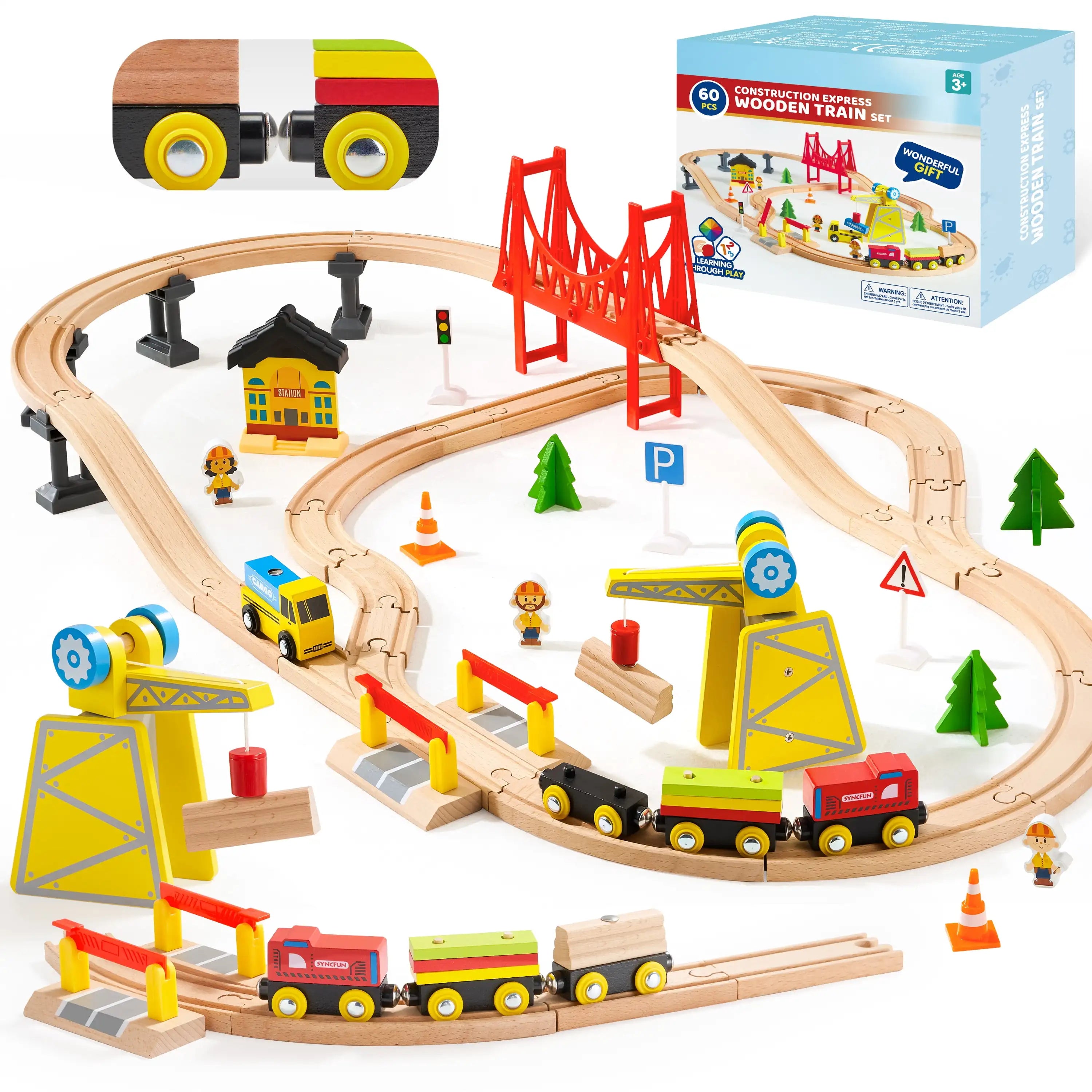60 Pcs Kids Train Toys Wooden Tracks & 6 Magnetic Trains Expandable Train Set for Toddlers Birthday Christmas Gifts