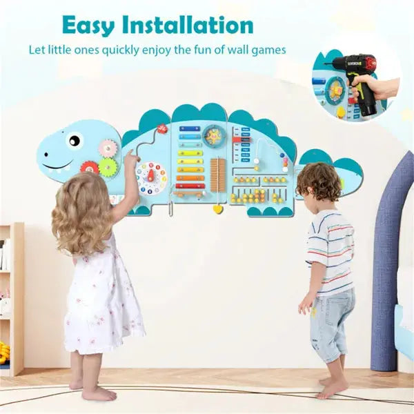 11-in-1 Dinosaur Activity Wall Busy Board Panels-- Wooden Sensory Toy-Blue