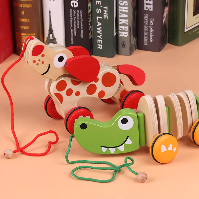 Wooden Animal Pull Toy - Dog and Crocodile Models