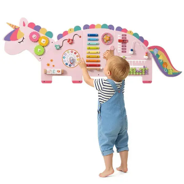 11-in-1 Dinosaur Activity Wall Busy Board Panels-- Wooden Sensory Toy-Pink