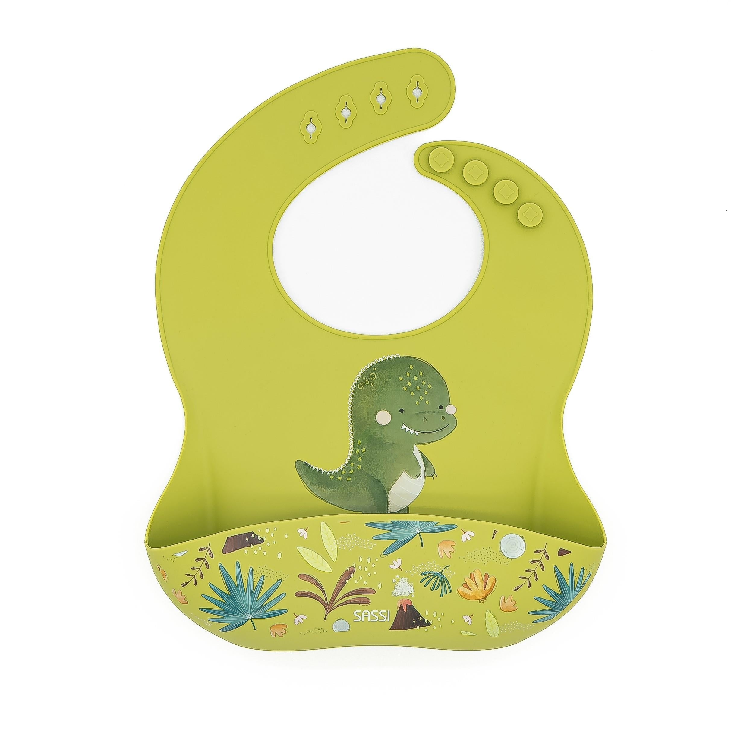 Śliniak silikonowy z kieszonką Dinozaur SASSI - SMYKI - SENSORYKI