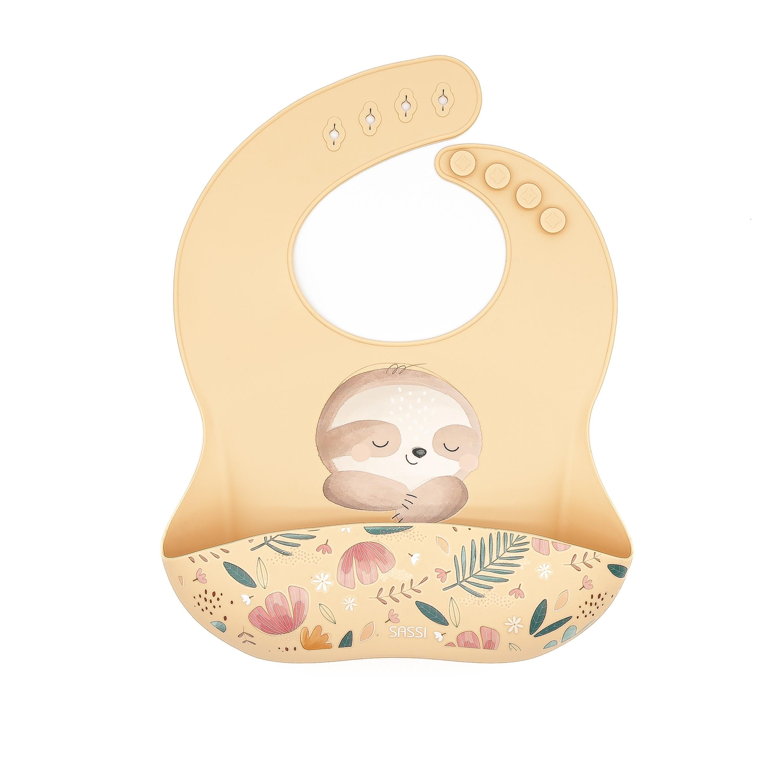 Śliniak silikonowy z kieszonką Leniwiec SASSI - SMYKI - SENSORYKI