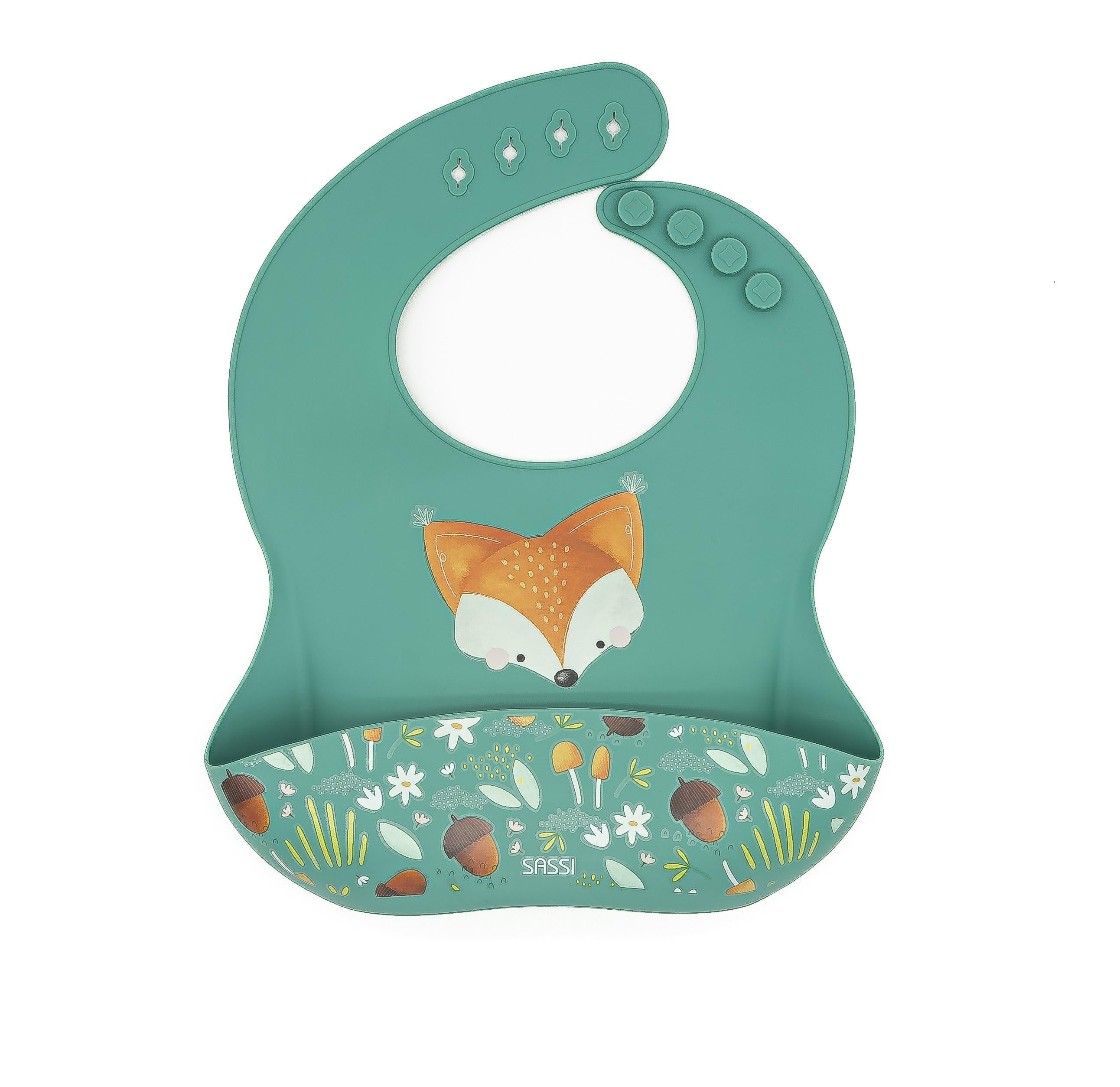 Śliniak silikonowy z kieszonką Lisek SASSI - SMYKI - SENSORYKI